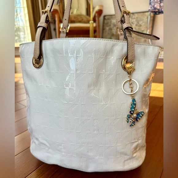 Michael Kors White Patent Leather Monogram Tote with Butterfly Accent Charm - Picture 2 of 11
